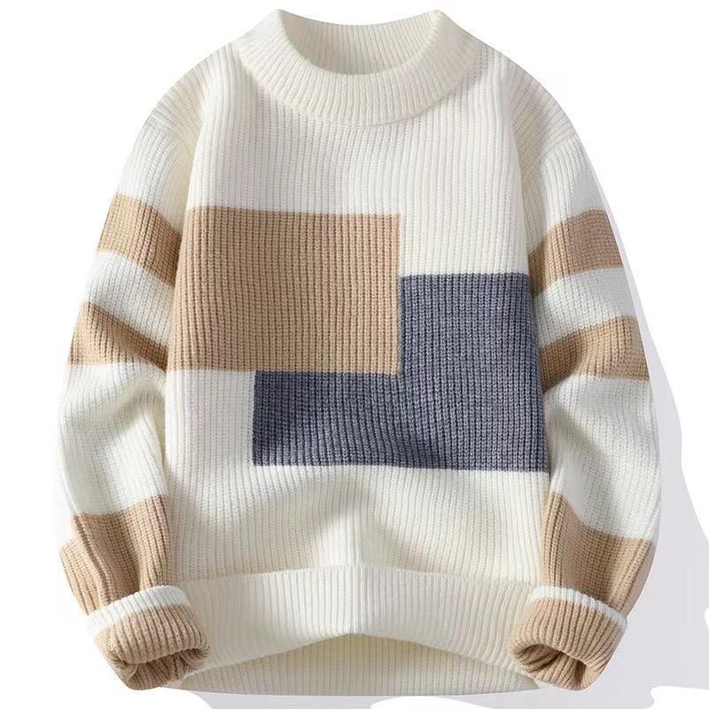 Vsadsau Men's Autumn Winter Patchwork Pullover Sweater Soft Long Sleeve Casual Crewneck Sweaters