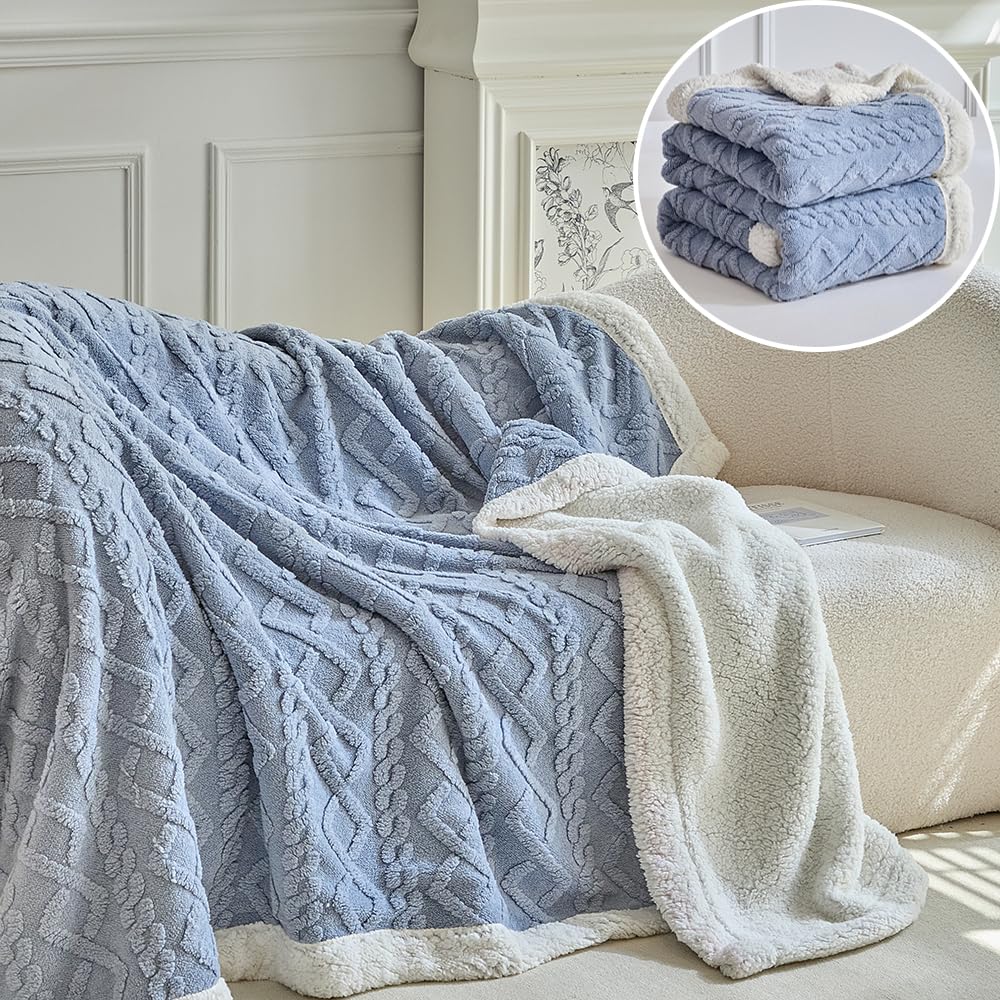 Soft Fluffy Decorative Blanket Rough Striped Warm Cozy Plush Faux Rabbit Fur Blanket for Family Sofa Bed Living Room Bedroom (White)