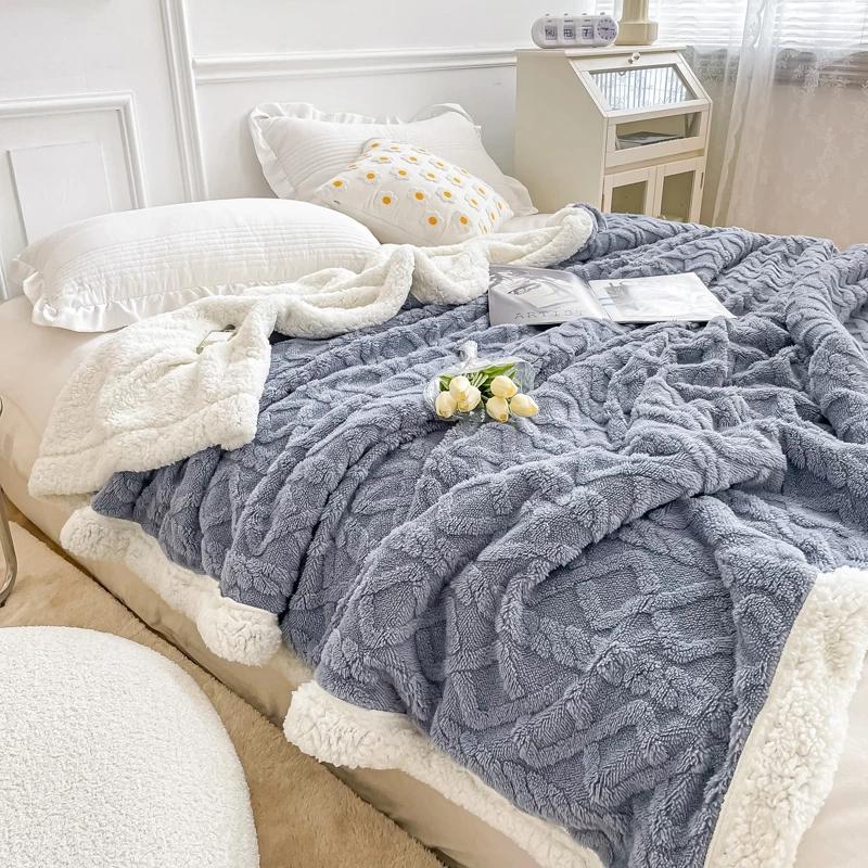 Soft Fluffy Decorative Blanket Rough Striped Warm Cozy Plush Faux Rabbit Fur Blanket for Family Sofa Bed Living Room Bedroom (White)