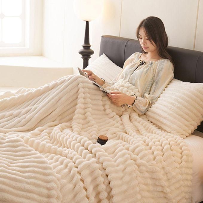 Soft Fluffy Decorative Blanket Rough Striped Warm Cozy Plush Faux Rabbit Fur Blanket for Family Sofa Bed Living Room Bedroom (White)