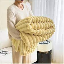 Soft Fluffy Decorative Blanket Rough Striped Warm Cozy Plush Faux Rabbit Fur Blanket for Family Sofa Bed Living Room Bedroom (White)