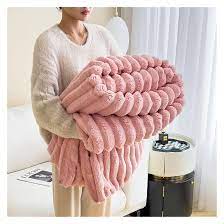 Soft Fluffy Decorative Blanket Rough Striped Warm Cozy Plush Faux Rabbit Fur Blanket for Family Sofa Bed Living Room Bedroom (White)