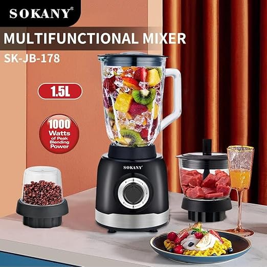 Blender, 5 Adjustable Speeds + Pulse, Multifunctional 3 in 1, 1.5L Blender Smoothie, 0.7L Meat Grinder, 0.25L Grinder, BPA Free
