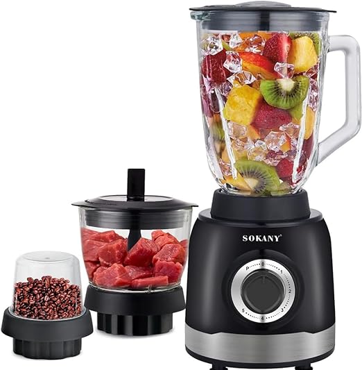 Blender, 5 Adjustable Speeds + Pulse, Multifunctional 3 in 1, 1.5L Blender Smoothie, 0.7L Meat Grinder, 0.25L Grinder, BPA Free