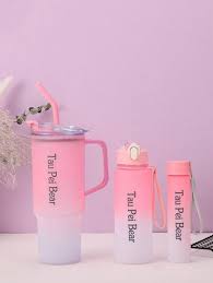 1/3 Gradient Car Cups, Portable Plastic Cups with Strap and Straw for Drinking, 3 Piece Set, Water Bottle for Outdoor and Camping Use