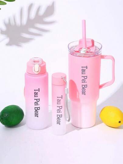 1/3 Gradient Car Cups, Portable Plastic Cups with Strap and Straw for Drinking, 3 Piece Set, Water Bottle for Outdoor and Camping Use