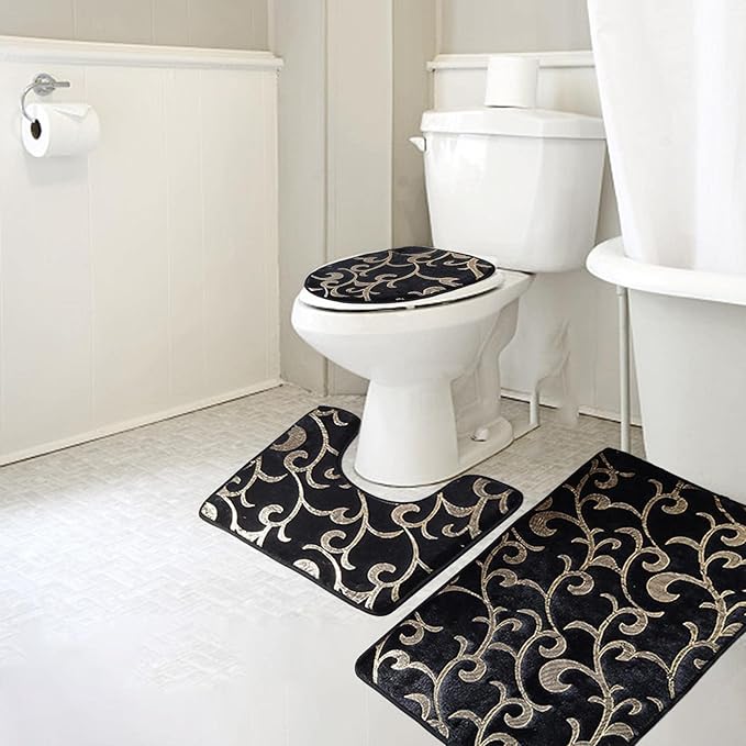 3 Piece Bathroom Rug U Shape Contour Rug with Toilet Lid Cover Bath Mats Black