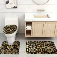 3 Piece Bathroom Rug U Shape Contour Rug with Toilet Lid Cover Bath Mats Black