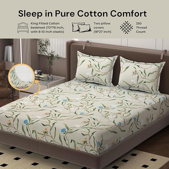 Fitted Bedsheet for Double Bed King Size with 1 mattress cover,4 Pillow Covers | Elastic Printed Cotton Bedsheet